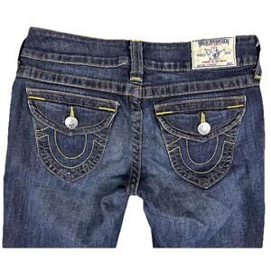 True Religion Jeans Womens 28 Straight Leg Dark Wash USA Yellow Stitch Flap Pkt